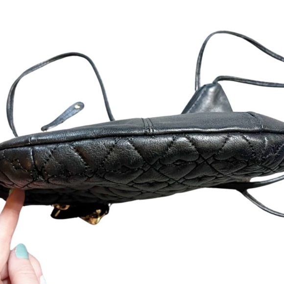 Stone Mountain Heart Quilt Leather Black Cross Body Purse Gold Charm Zipper Bag - Picture 5 of 16